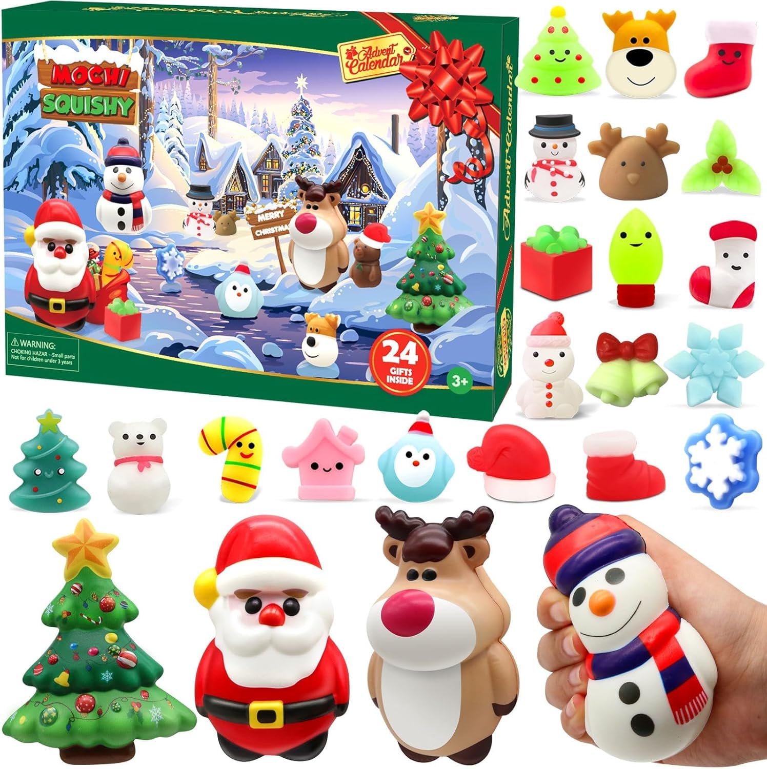 LATERN 2025 Christmas Advent Calendar, 24 Days Christmas Countdown Calendar with 4Pcs Jumbo and 20Pcs Mochi Squishy Toys for 3-9 Year Old Kids Christmas Gifts Holiday Decoration Party Favors