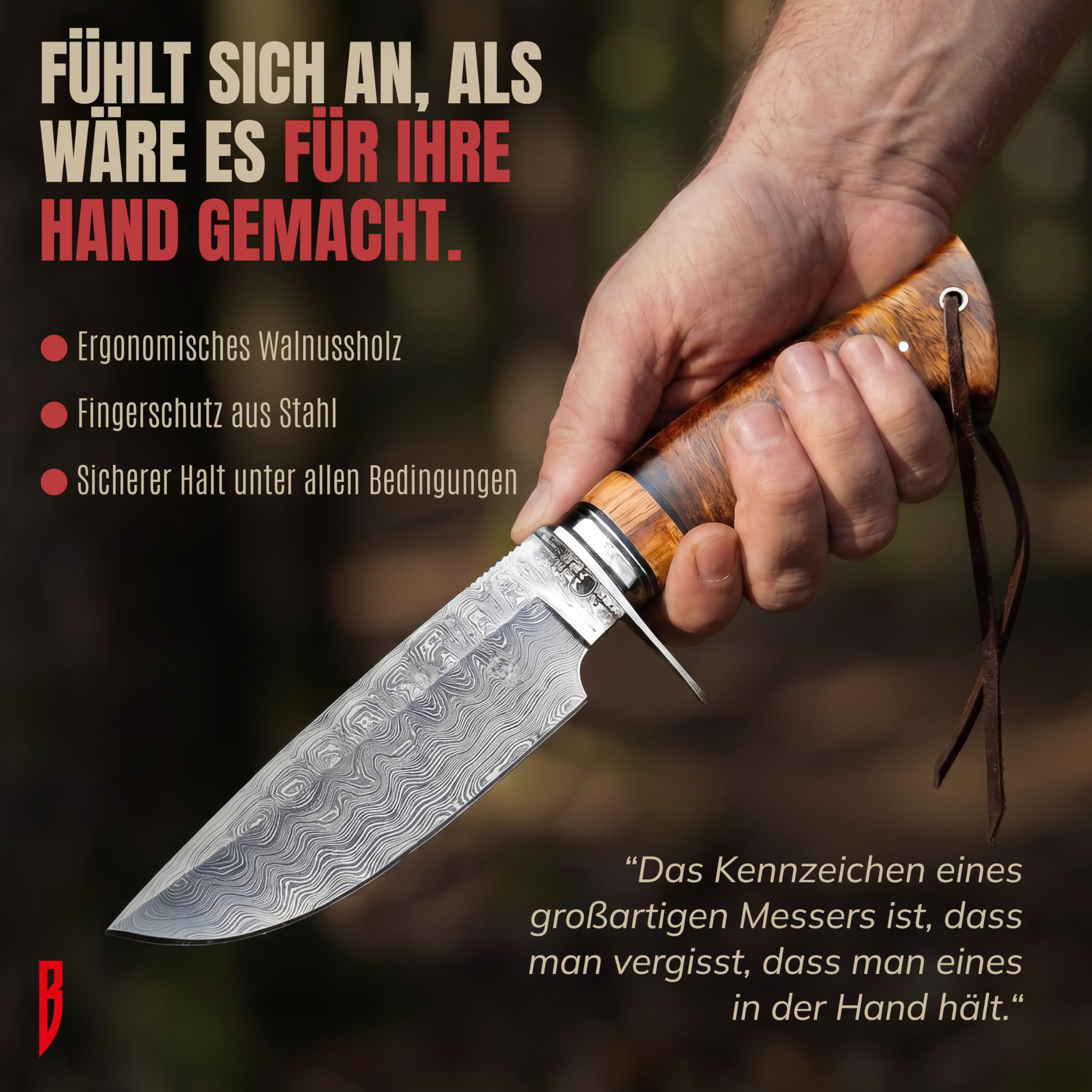 BIGCAT ROAR Wild Tiger Damaststahl Messer 10 Zoll - Full Tang - Walnussholzgriff & Lederscheide - Outdoor Camping Survival Bushcraft