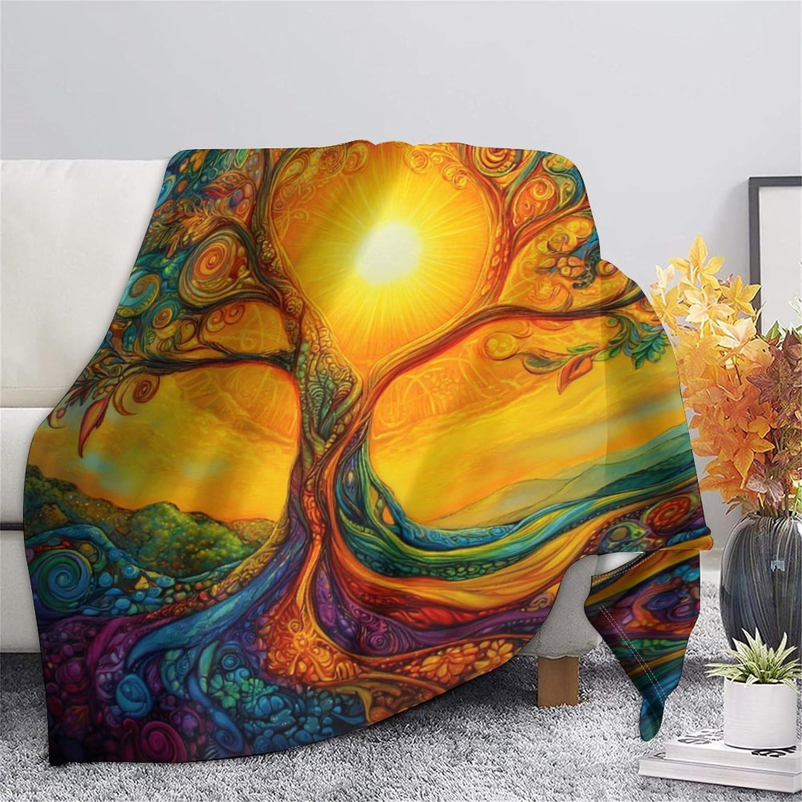 stampa 3D vibrante tree arte coperta da viaggio microfibra biancheria da letto compatta coperta da viaggio morbida per regali per chi viaggia per lavoro psychedelic fantasy 70×80inch(180x200cm)