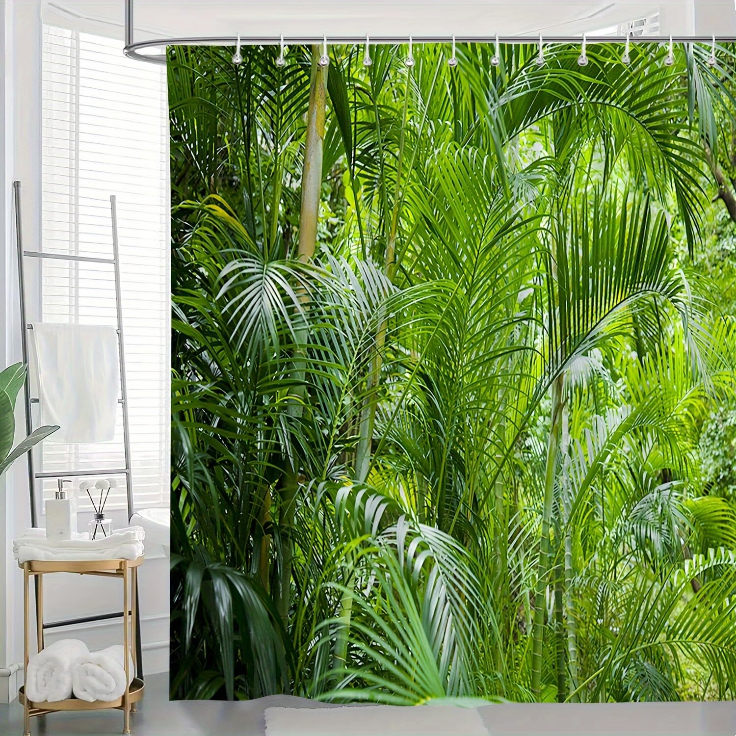 Ensemble rideau de salle de bain tropical en tissu avec anneaux