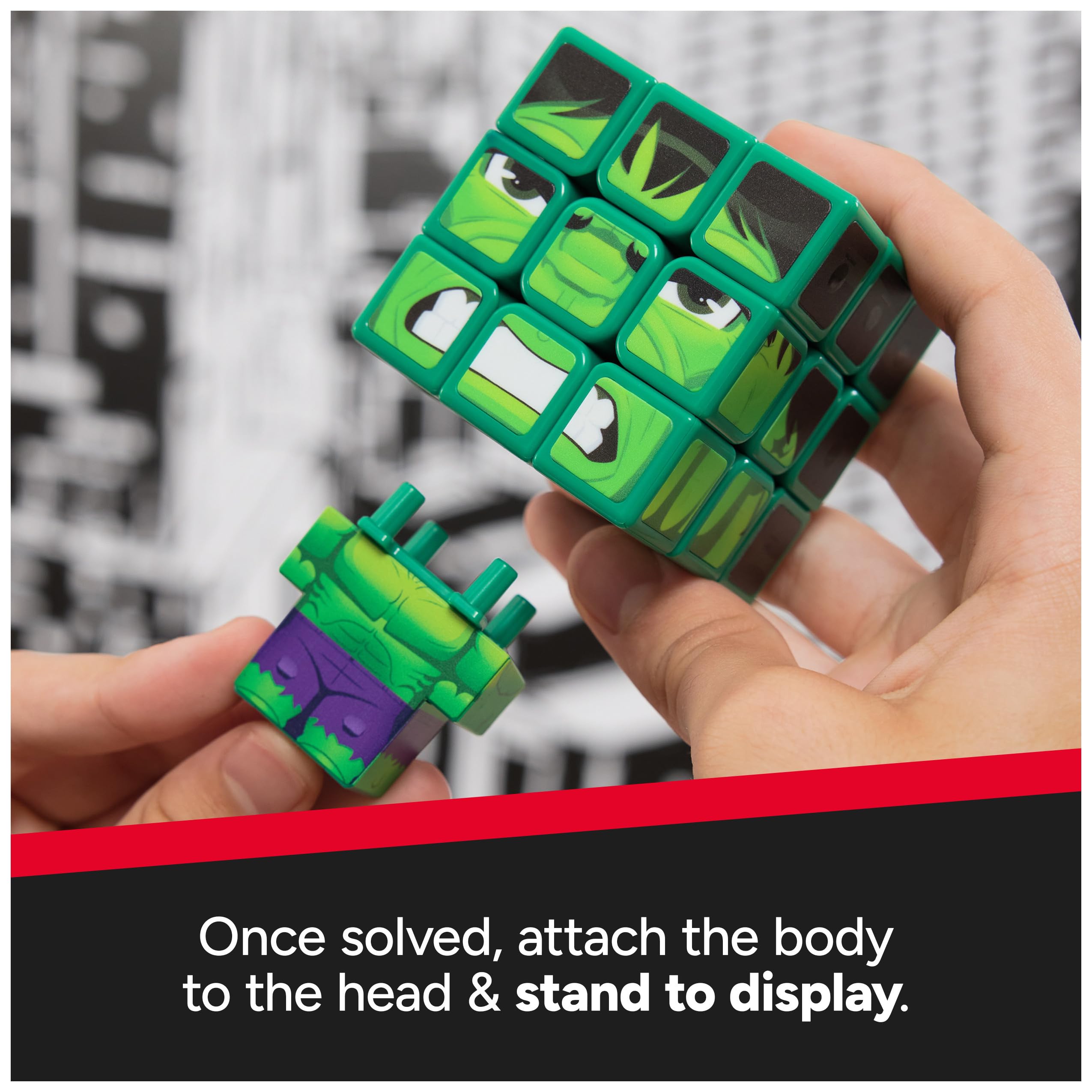 Rubik's Cube, Cubers - Hulk, 3 x 3 Marvel kostka Rubika w stylu Hulk, z fajnymi akcesoriami: korpus, stojak - wyzwanie superbohaterów, od 8 lat
