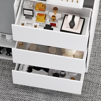 Homsee Wardrobe Armoire Closet with Bench, Walk-in Closet Island Dresser with Glass Top, 9 Drawers & Shoe Shelves, Modern Wooden Wardrobe Storage Cabinet for Bedroom, Fitting Room & Shops, White