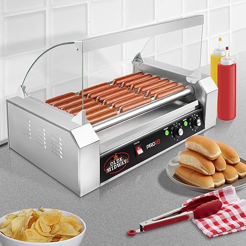 Vista 19 de Olde Midway Eléctrica 24 Hot Dog 9 Roller Grill Cooker Machine con cubierta 1200-Watt - Grado comercial