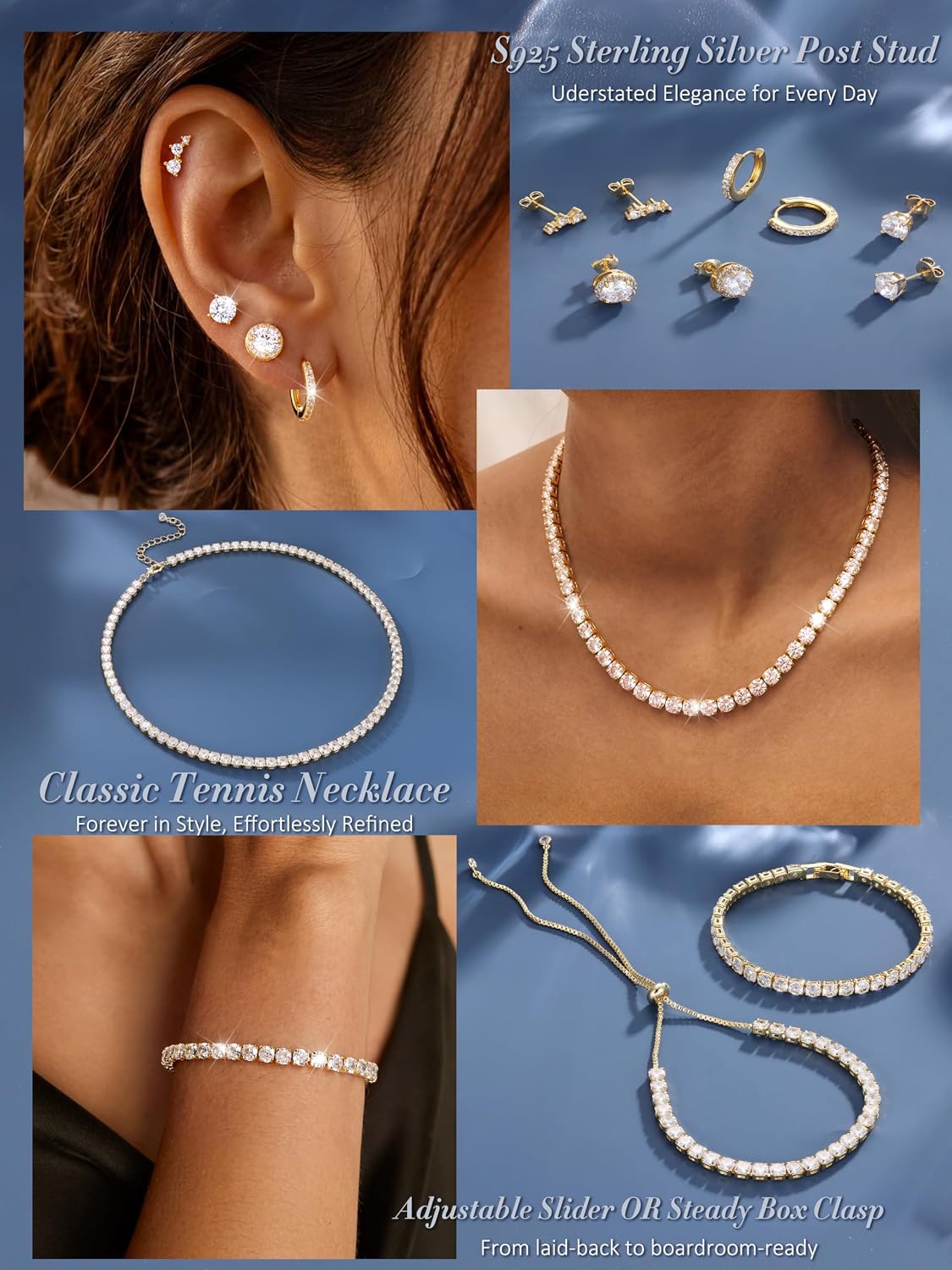 Jstyle 925 Sterling Silver Jewelry Set for Women - Dainty Tennis Necklace Bracelet Earrings Set Hypoallergenic Rhinestone Wedding Jewelry Sets for Brides Bridesmaids Crystal Prom Costume Accessories