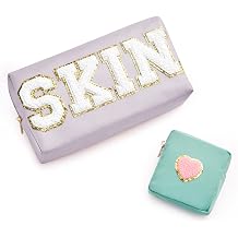 Preppy Patch Skin Makeup Bag for Travel, 2 PCS Chenille Letter Cosmetic Sunscreen Bag, PU Waterproof Beach Bag Pouch Organizer,Gift for Women Girls