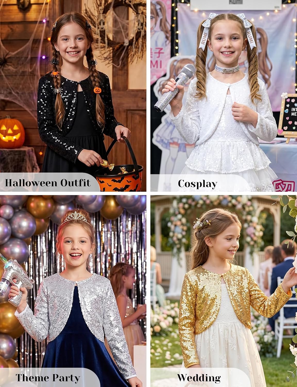 Spring&Gege Girls Sequin Bolero Shrug Long Sleeve Kids Sparkle Cardigan Open Front Tops (5-14 Years)