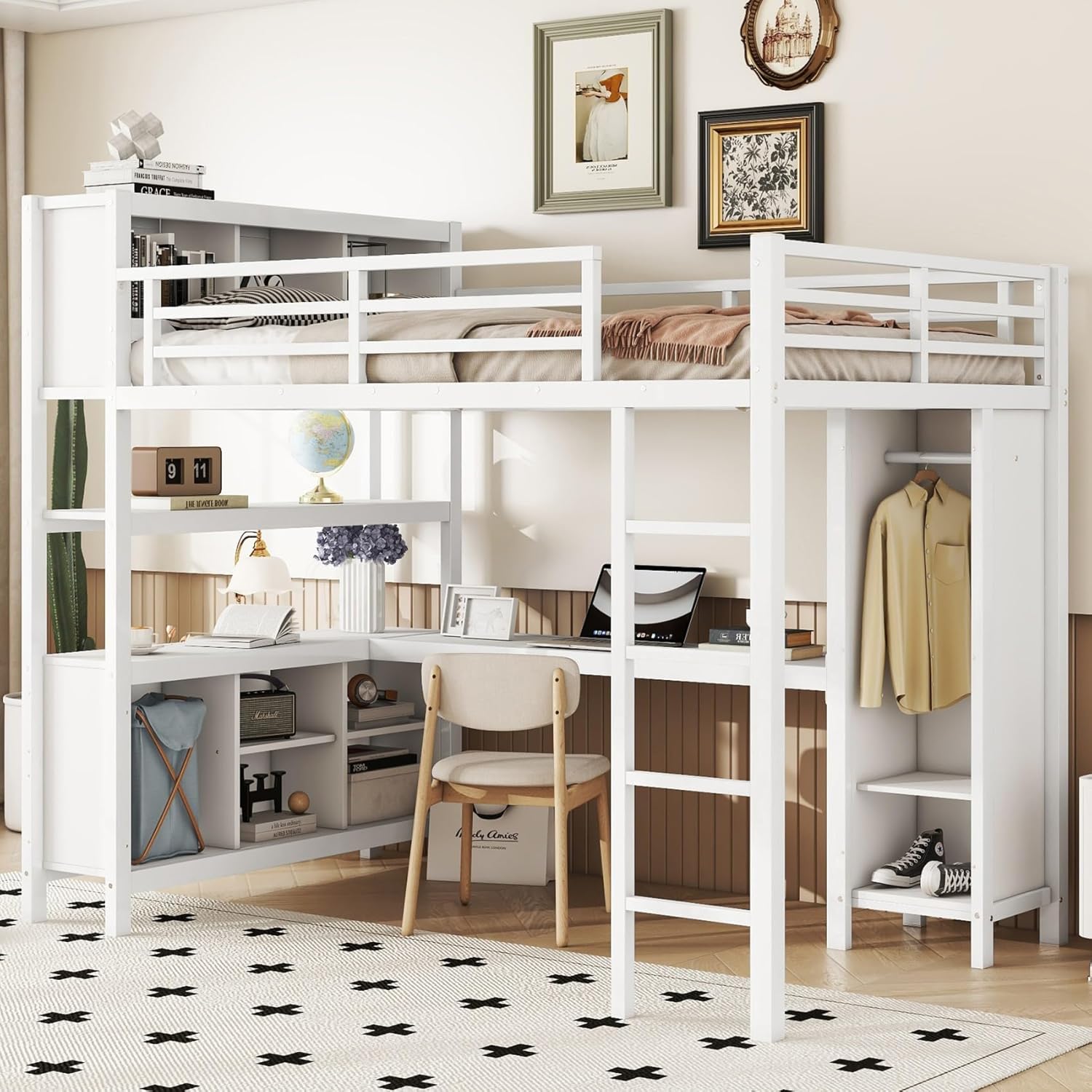 KEIKI Metal Full Size Loft Bed Frame with Built-in L Shaped Desk, Wardrobe, Stairs, Storage Cubes & Shelves for Kids Teens Adults, No Box Spring Needed