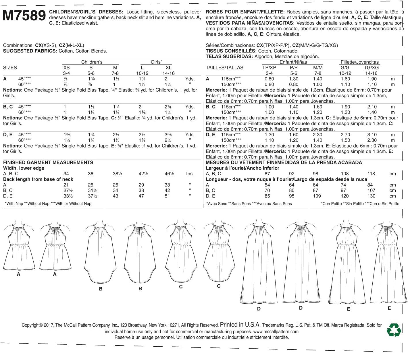 McCall Patterns Children's/Girl's Gathered Neckline Sleeveless Dresses