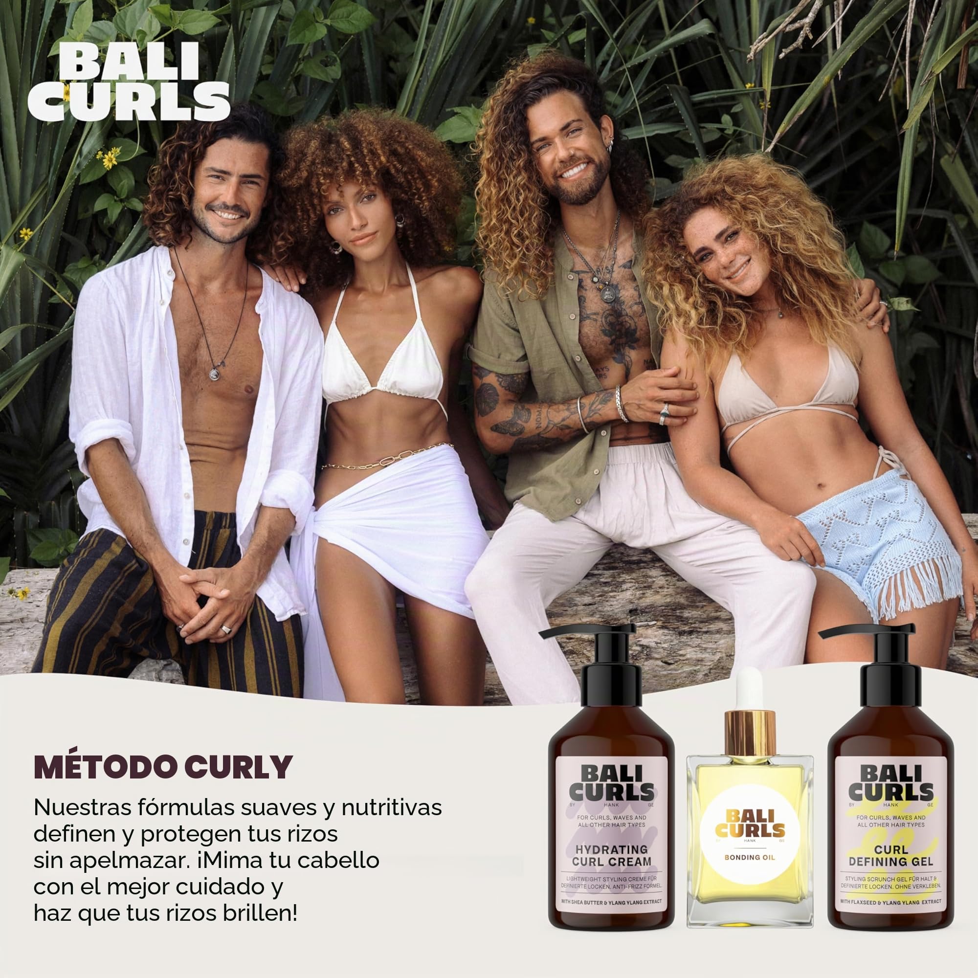Bali Curls, set de gel para rizos (150 ml), crema hidratante para rizos (150 ml) y aceite para unión (30 ml), set para el cuidado de rizos definidos, brillantes y cuidados