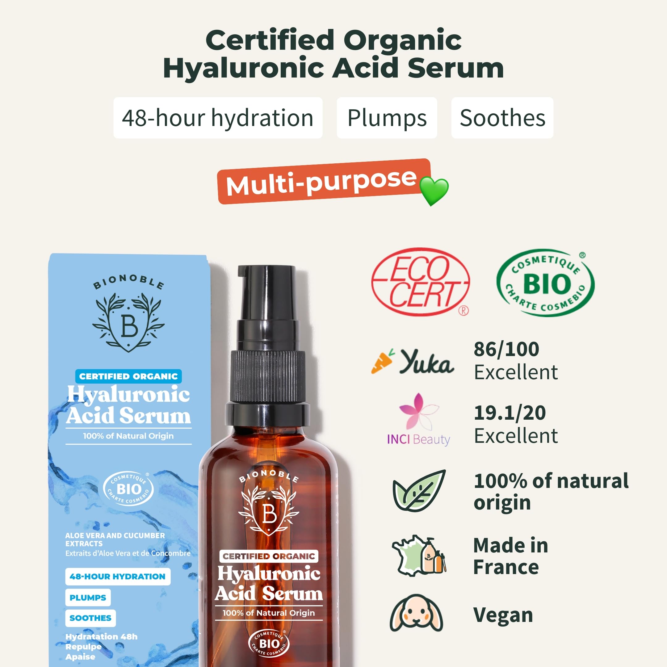 BIONOBLE Hyaluronic Acid Serum for Face Certified Organic, Hydrating, Anti Aging, Wrinkle - Image 2
