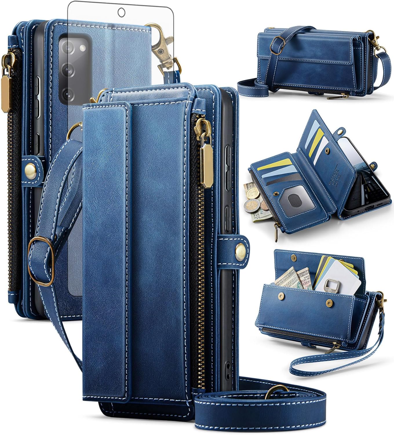 Phone Case for Samsung Galaxy S20 FE 5G 6.5 inch Zipper Wallet Cover with Screen Protector and Crossbody Lanyard Strap Flip S 20 EF UW 2022 S20FE5G S20FE 20S S2O Fan Edition 4G G5 Women Men Green
