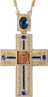 Pectoral Cross Wooden Jesus Face Crucifix Pendant Icon Blue Crystallized Stones Elements Christian Priest Bishop Necklace 23"