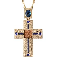 Nazareth Store Pectoral Cross Wooden Jesus Face Crucifix Pendant Icon Blue Crystallized Stones Elements Christian Priest Bishop Necklace 23"