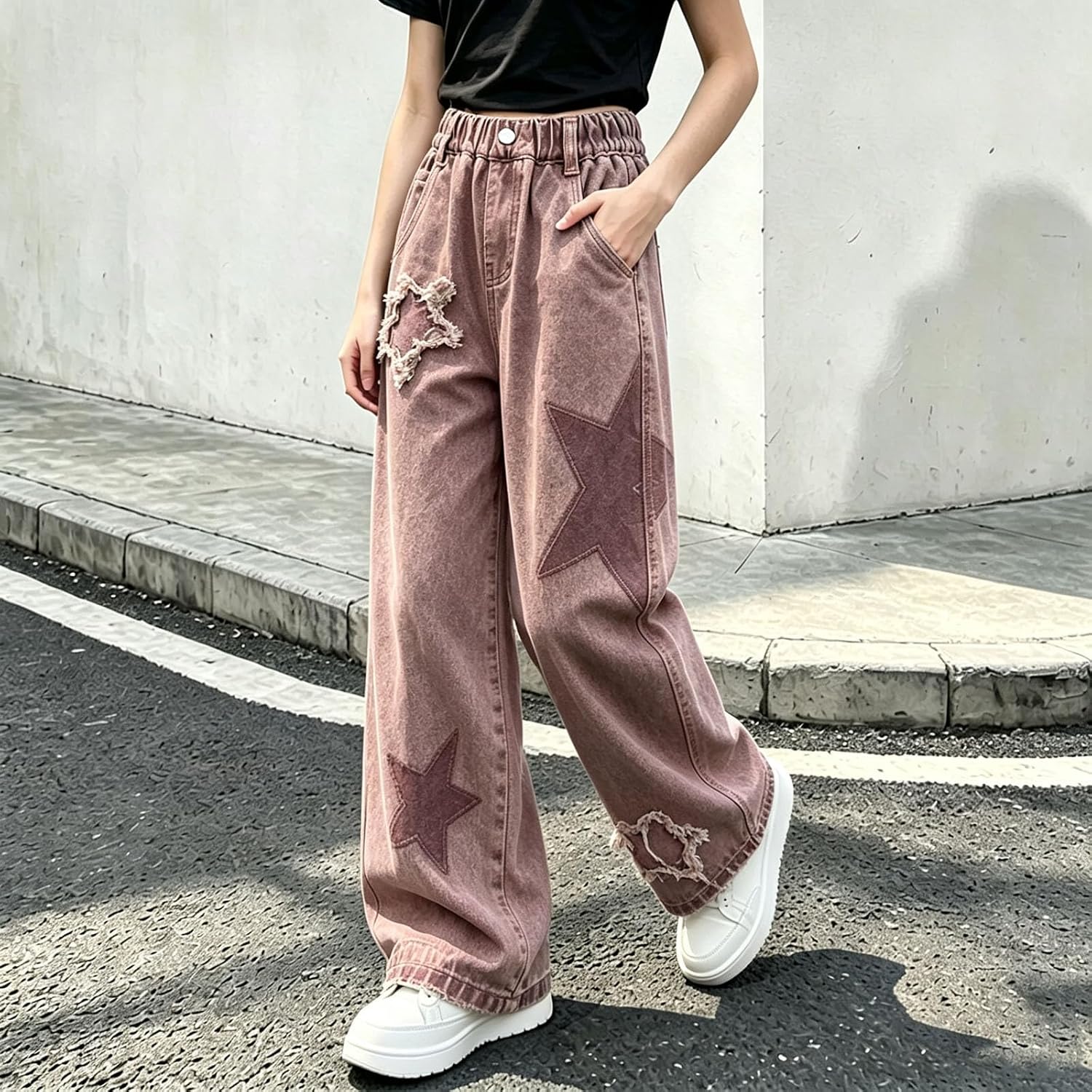 Oplxuo Girls Wide Leg Jeans Star Patch Elastic Waist Casual Denim Pants