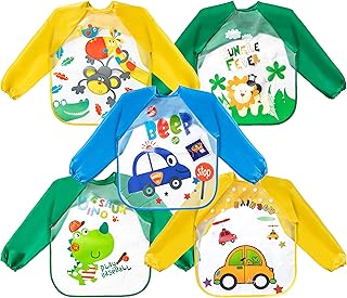 ار هورس مريلة باكمام طويلة للاطفال الصغار مقاومة للماء من 5 قطع، مريلة ملونة لتغذية الرضع مع سيارة قرد واسد وديناصور، هدية لحفلات استقبال المولود من 12-36 شهر