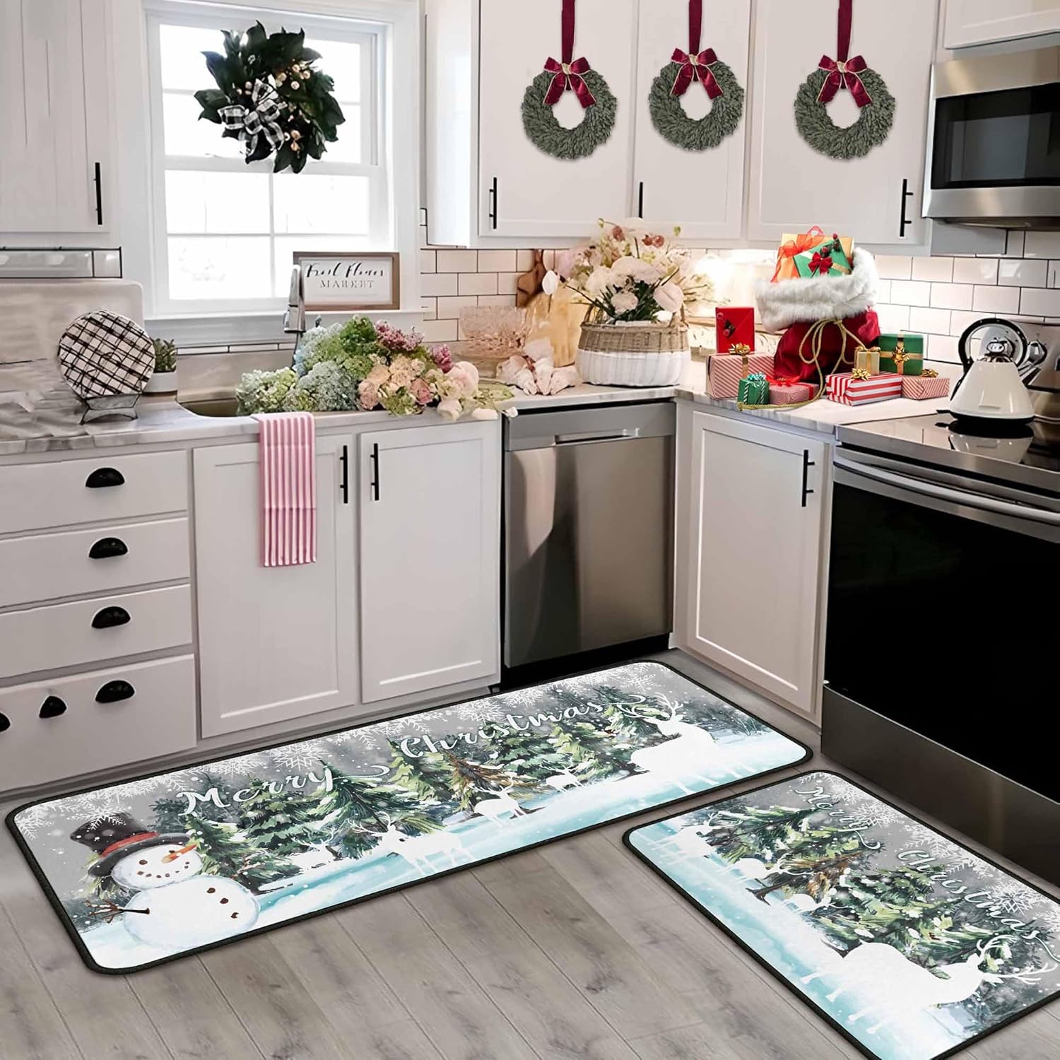 Green Christmas Kitchen Mats Set of 2, Xmas Decor Non Slip Backing Deer Snowman Rugs Winter Kitchen Rug Christmas Decorations for Home Seasonal Low-Profile Kitchen Floor Mat 17"X47"+17"X30"