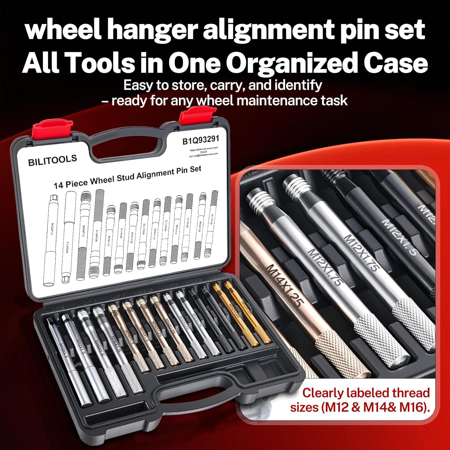 BILITOOLS 14 Piece Master Wheel Hanger Alignment Pin Set, Wheel Stud Pilot Pinds M12x1.25, M12x1.5, M12x1.75, M14x1.25, M14x1.5, M16xP1.5, M12xP1.5