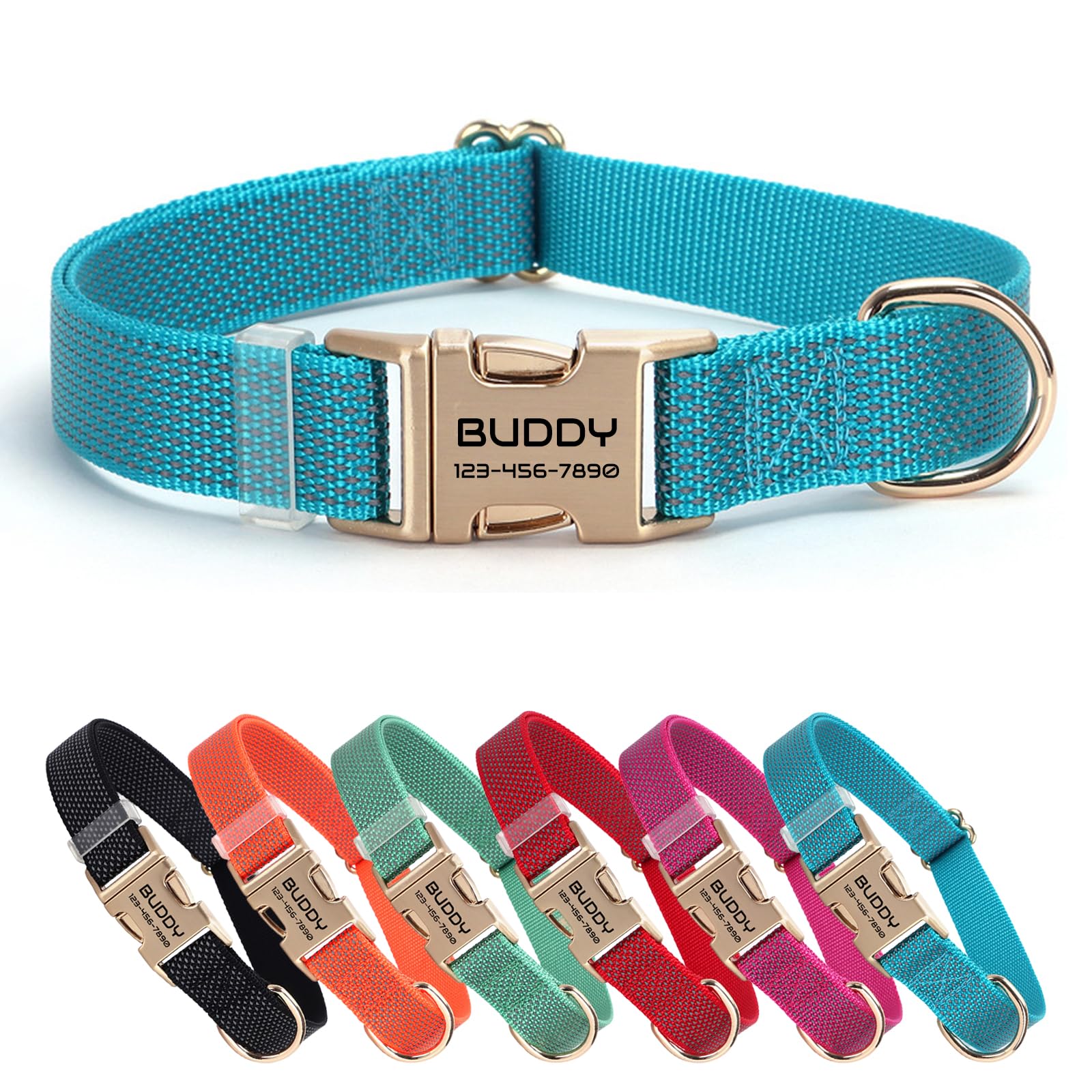 CHRYMPETIC Nylon Personalized Pet Collar with Name, Customizable Laser-Engraved, Ultra-Reflective Dot Design, Durable Metal Buckle for Dogs and Cats -