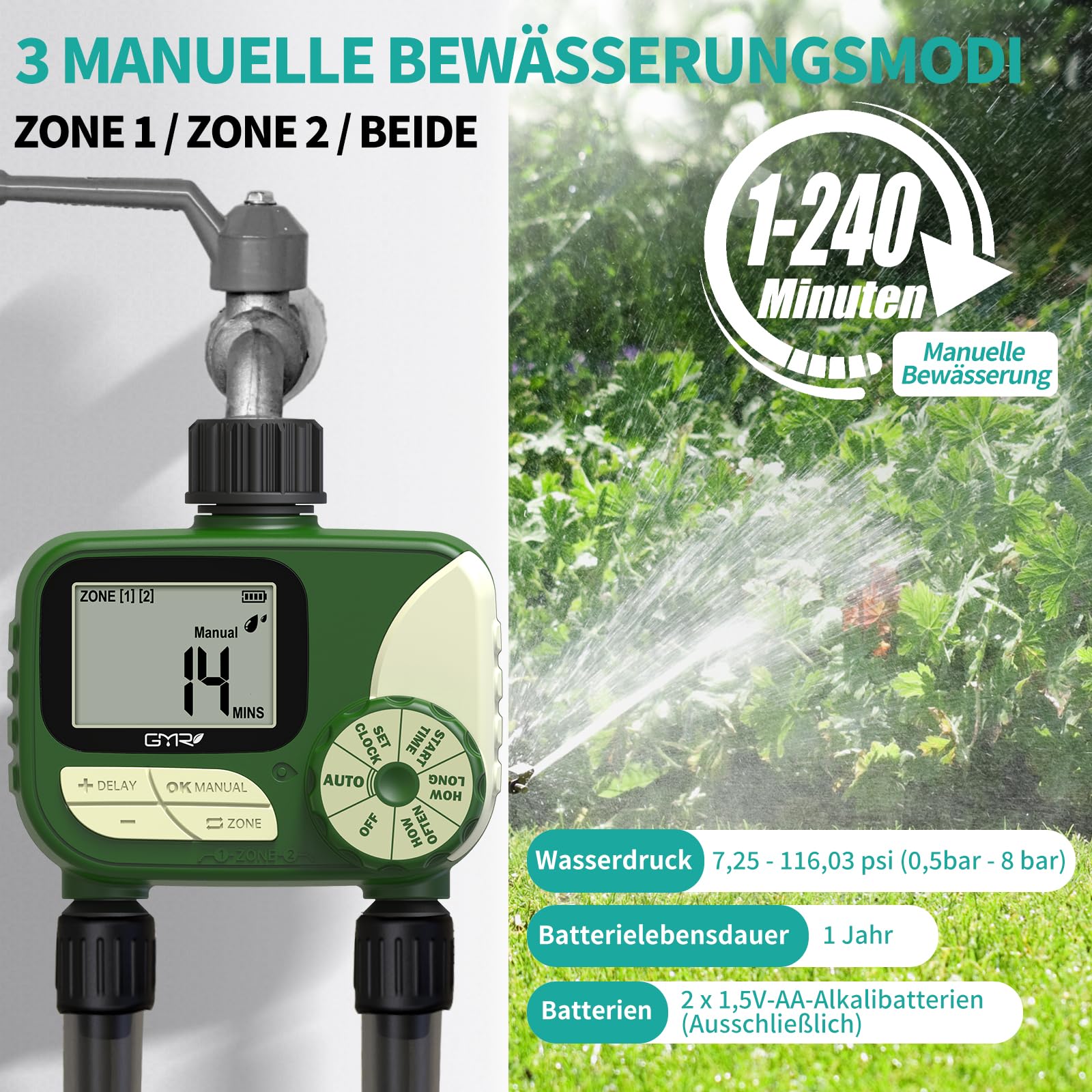 GMR Computer di irrigazione con 2 uscite, controllo di irrigazione per tubo da giardino, contatore dell'acqua programmabile, ritardo della pioggia, manuale/automatico, sistema di irrigazione per