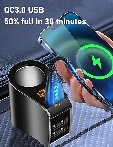 Vista 2 de LIHAN Cargador de coche con 3 USB, salida QC3.0, adaptador para encendedor de cigarrillos, enchufe de salida de 12 V/24 V, medidor de voltaje