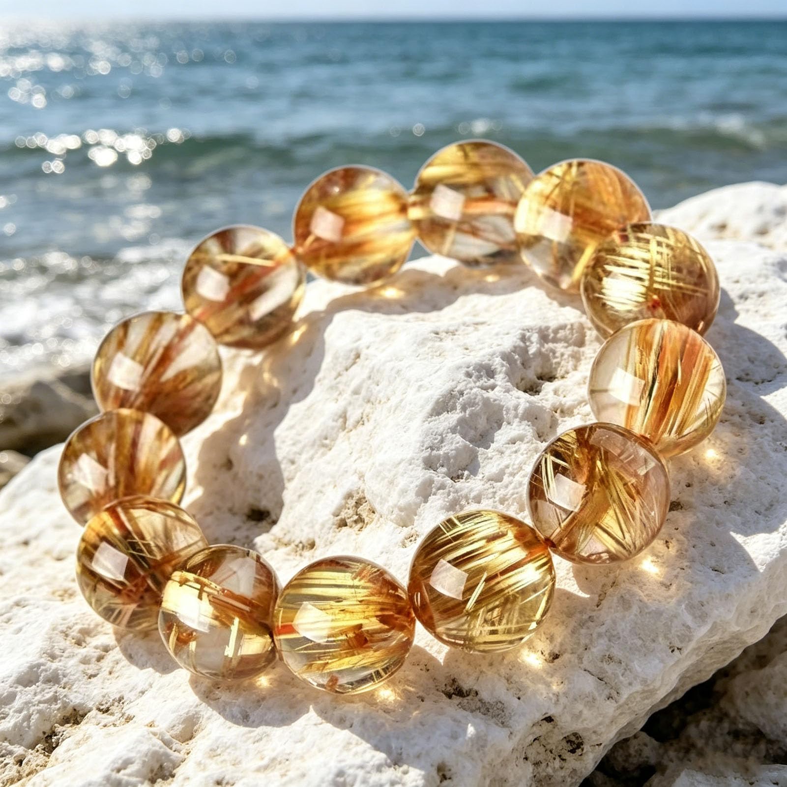 Natürliches Citrin- und Gold-Rutilquarz-Armband für Damen und Herren, echte Kristall-Heilperlen, Verstellbarer Stretch-Steinschmuck für Fülle, Reichtum, Positivität und Chakra,7MM