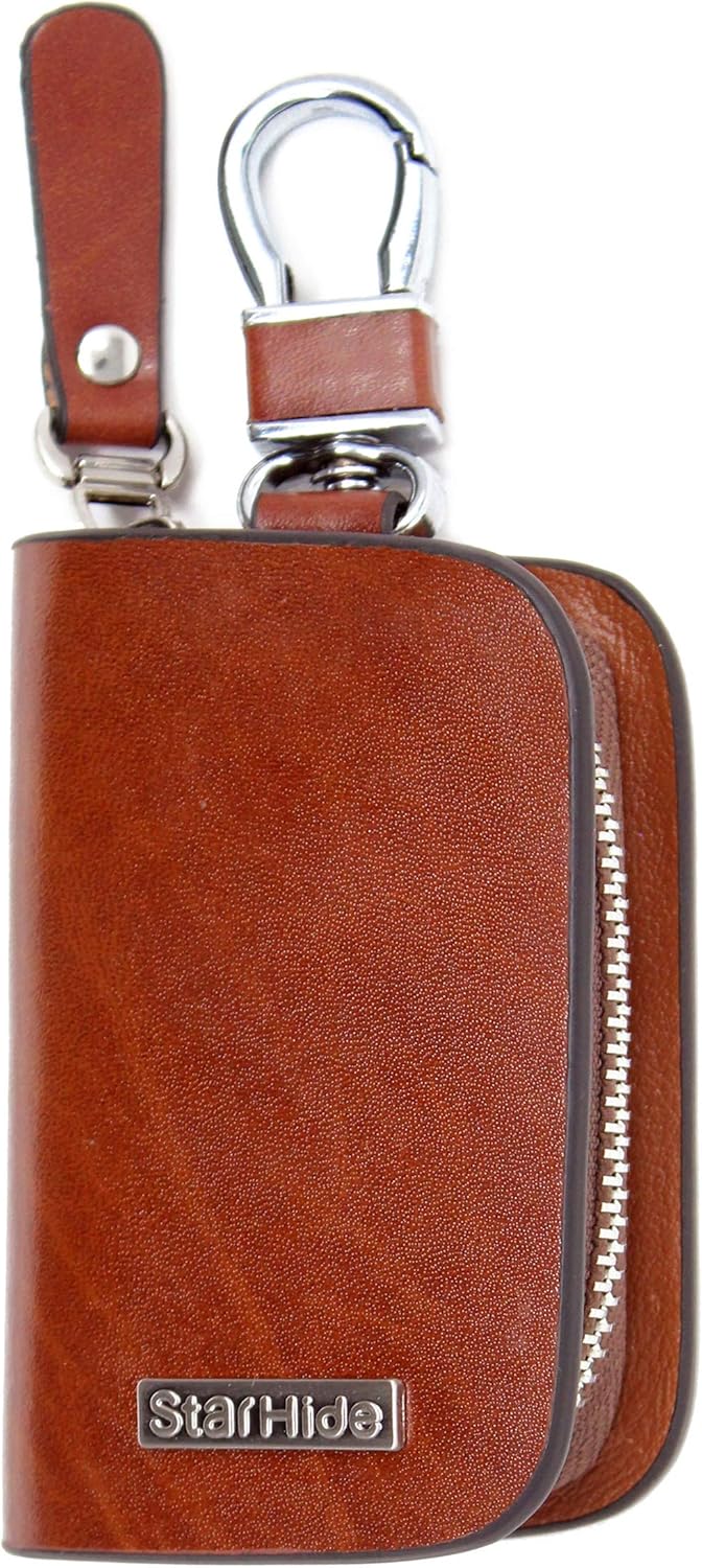 STARHIDE Tan Leather Key Case Small Hanging Keychain Holder Zipper Pouch Wallet