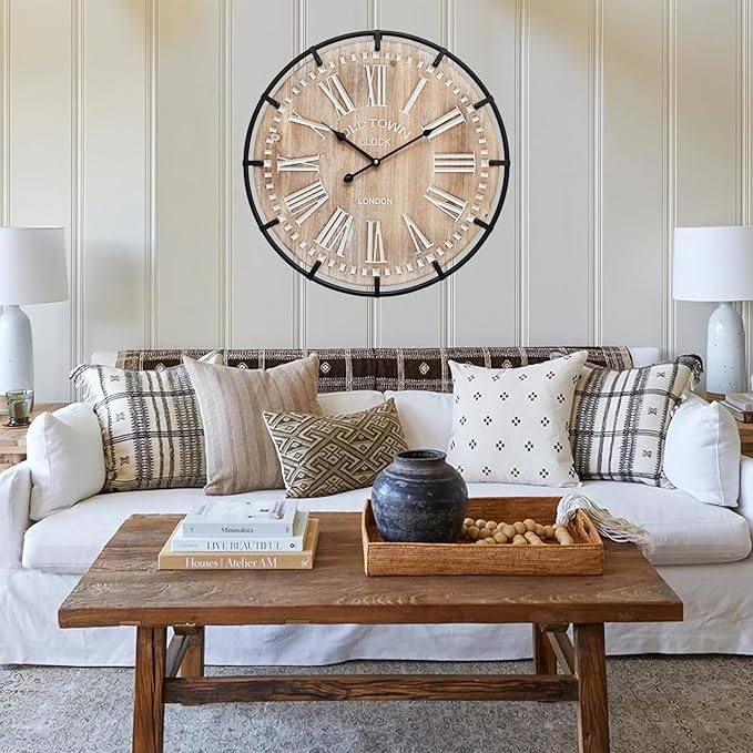 Reloj de pared rústico de 24 pulgadas MICWIC, madera y metal miniatura 3