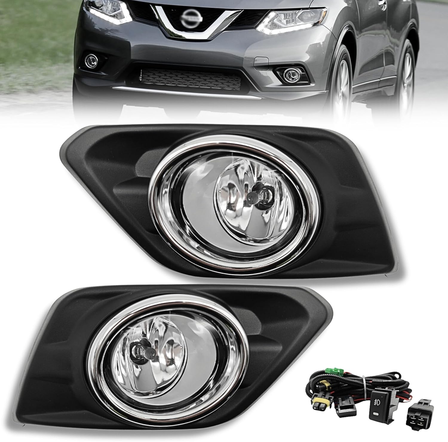 Fog Lights Compatible with 2014 2015 2016 Nissan Rogue, 1 Pair Front Bumper Driving Fog Lamps with Bezels and H11 12V 55W Bulbs included Switch and Wiring kit