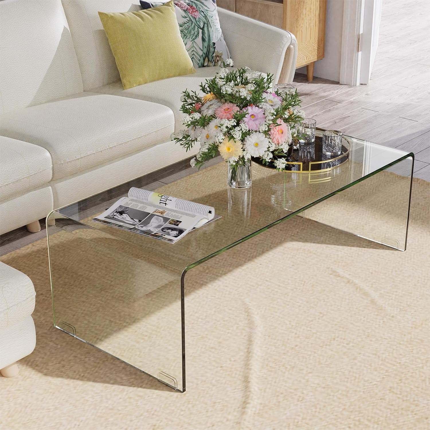 ReunionG Glass Coffee Table, Modern Clear Coffee Table with Rounded Edges, Transparent Tempered Glass Coffee Table, U-Shaped Side Table for Living Room Office, 42.5" x 20" x 14" (L x W x H)