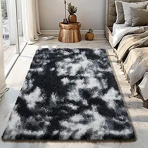 Fluffy Rug Shaggy Area Rug, Mottling Black 3x5 Area Rugs for Bedroom, Small Bedside Rug, Soft Fluffy Shaggy Entryway Throw Rugs for Living Room Bedroom Kids Room Home Decor