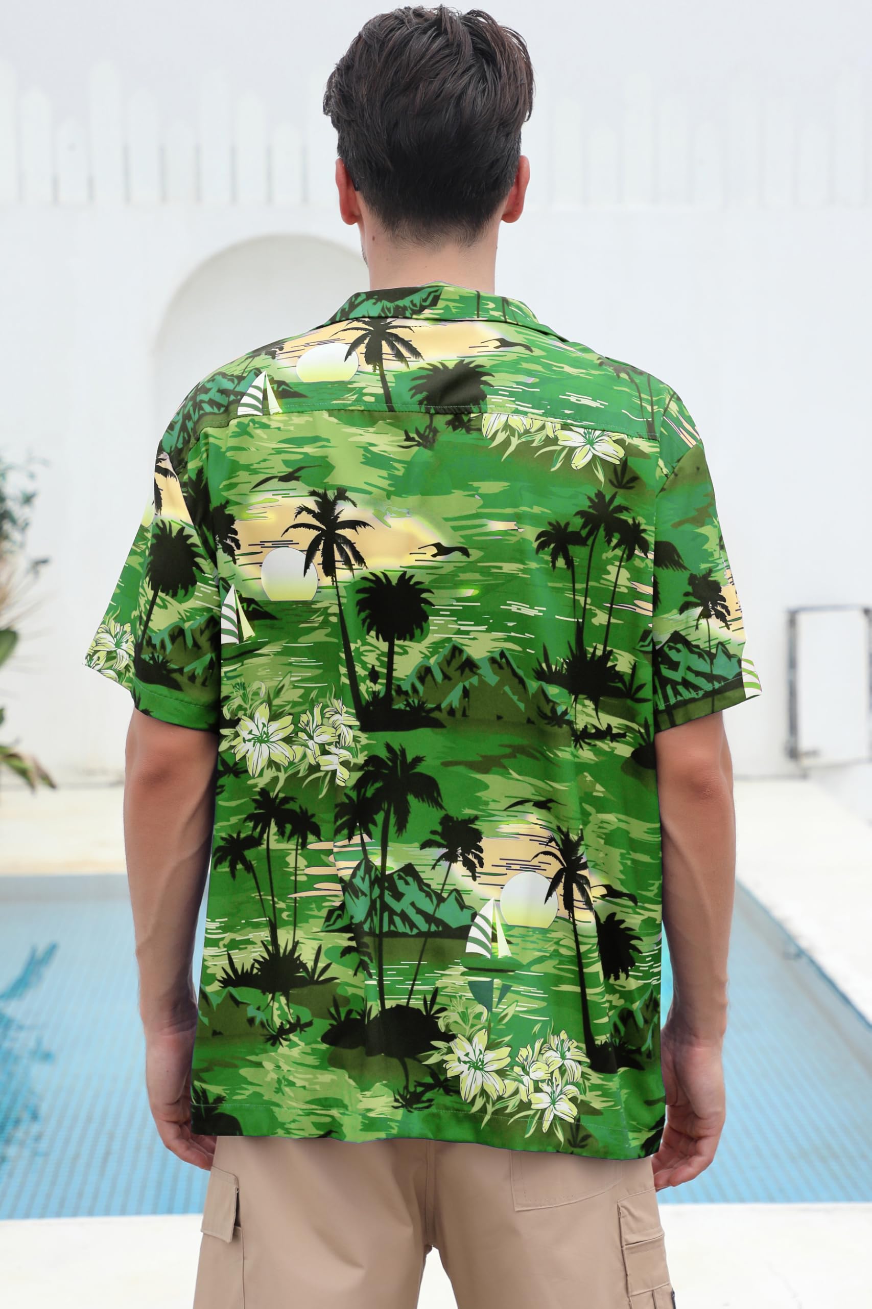 Cromoncent Camicia hawaiana per ragazzo e uomo, a maniche corte, colletto cubano, tropicale, estate, spiaggia, Verde hawaiano, 4XL