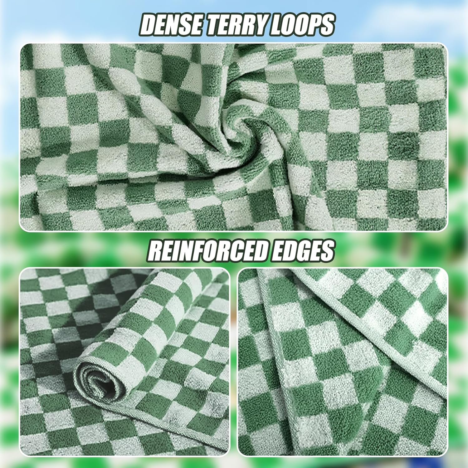 Bath Towels Set of 2, Green Large Cotton Checkered Shower Towels 27.5 x 55 Inches, Soft Quick Dry Absorbent Towels for Bathroom, Pool, Beach, Send Goods from Local Warehouse