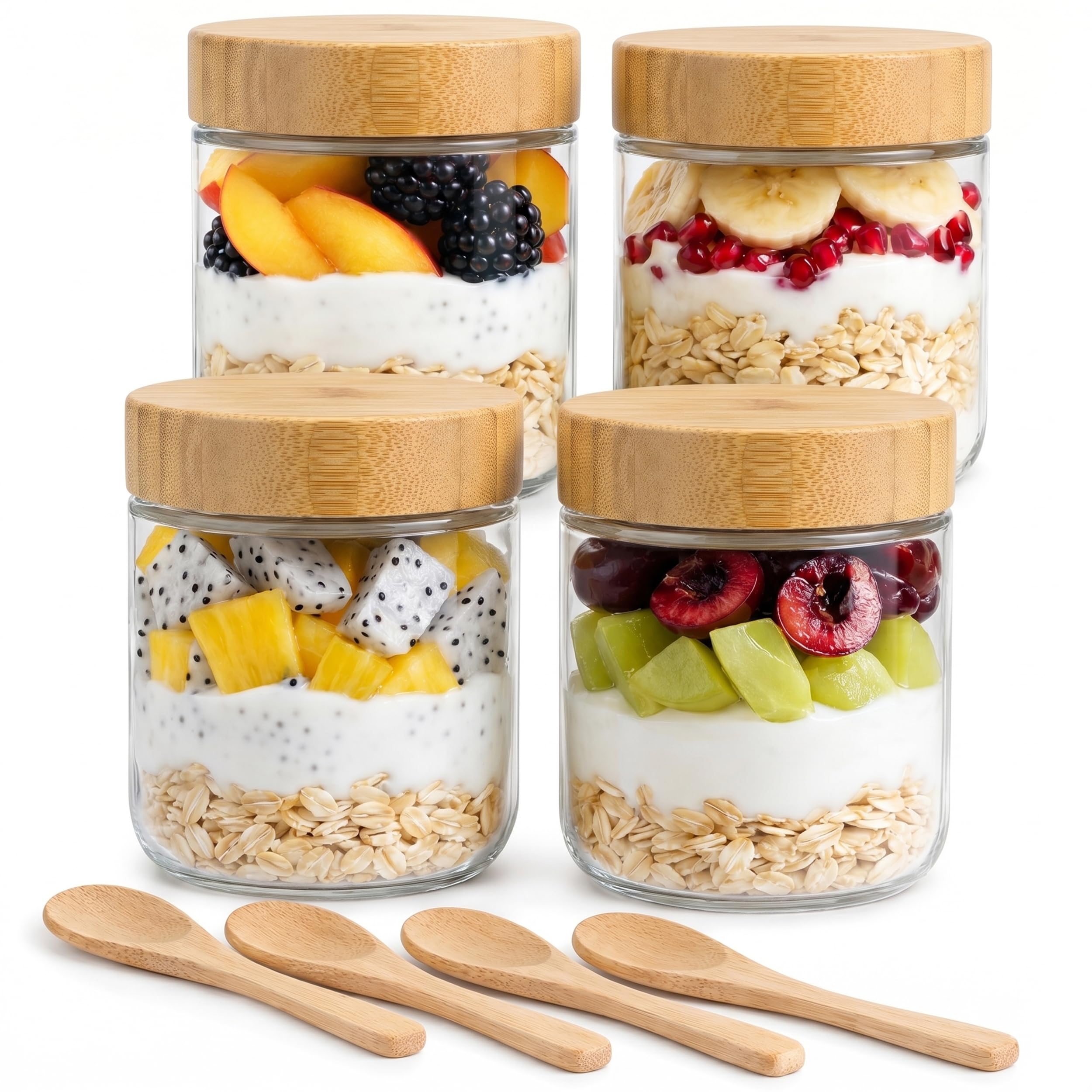 XIADINGO 4 Pack Overnight Oats Jars 480ml Glass Breakfast Pots with Spoons