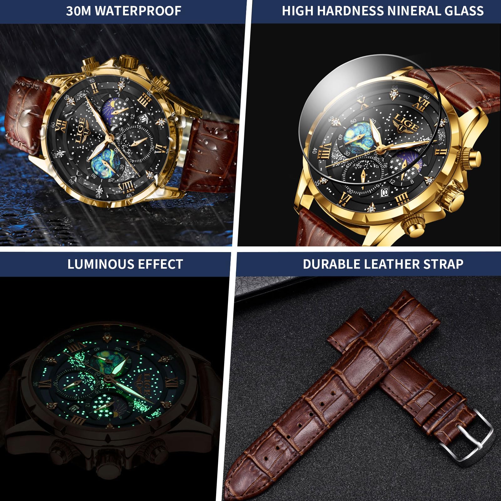LIGE Orologio da polso da uomo, analogico, impermeabile, cronografo, casual, in pelle, impermeabile, display con fasi lunari, al quarzo, con data e luminoso, orologio da polso da uomo, Oro Nero