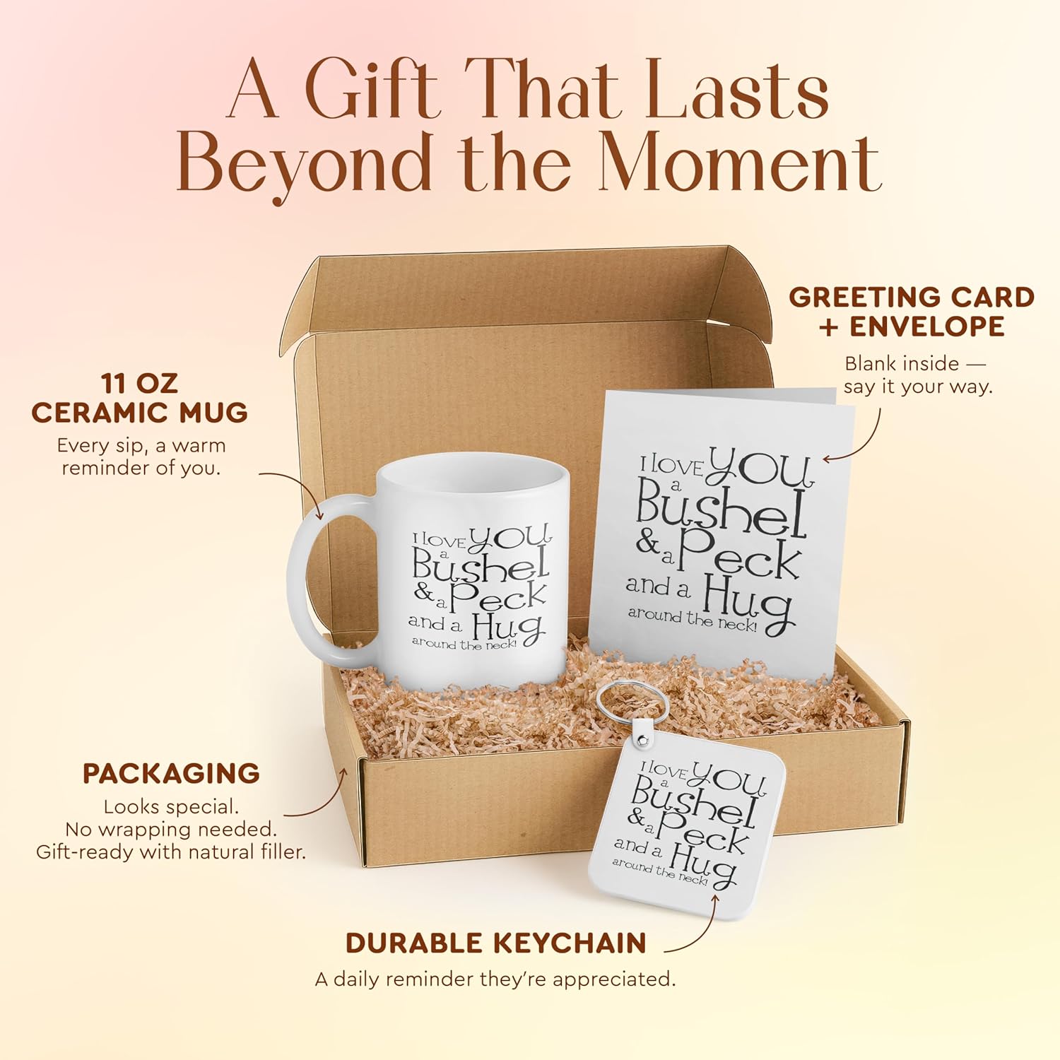 3dRose I Love You A Bushel And A Peck Gift Set - Mug, Card, And Keychain - Black And White Text Design - Perfect For Birthdays And Appreciation
