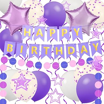 JOYIT Purple Birthday Decorations for Girls - Happy Birthday Banner, Star Foil Balloons, Latex Balloons & Hanging Swirls, Perfect Birthday Party Supplies for Birthday Girl, Teens, Women