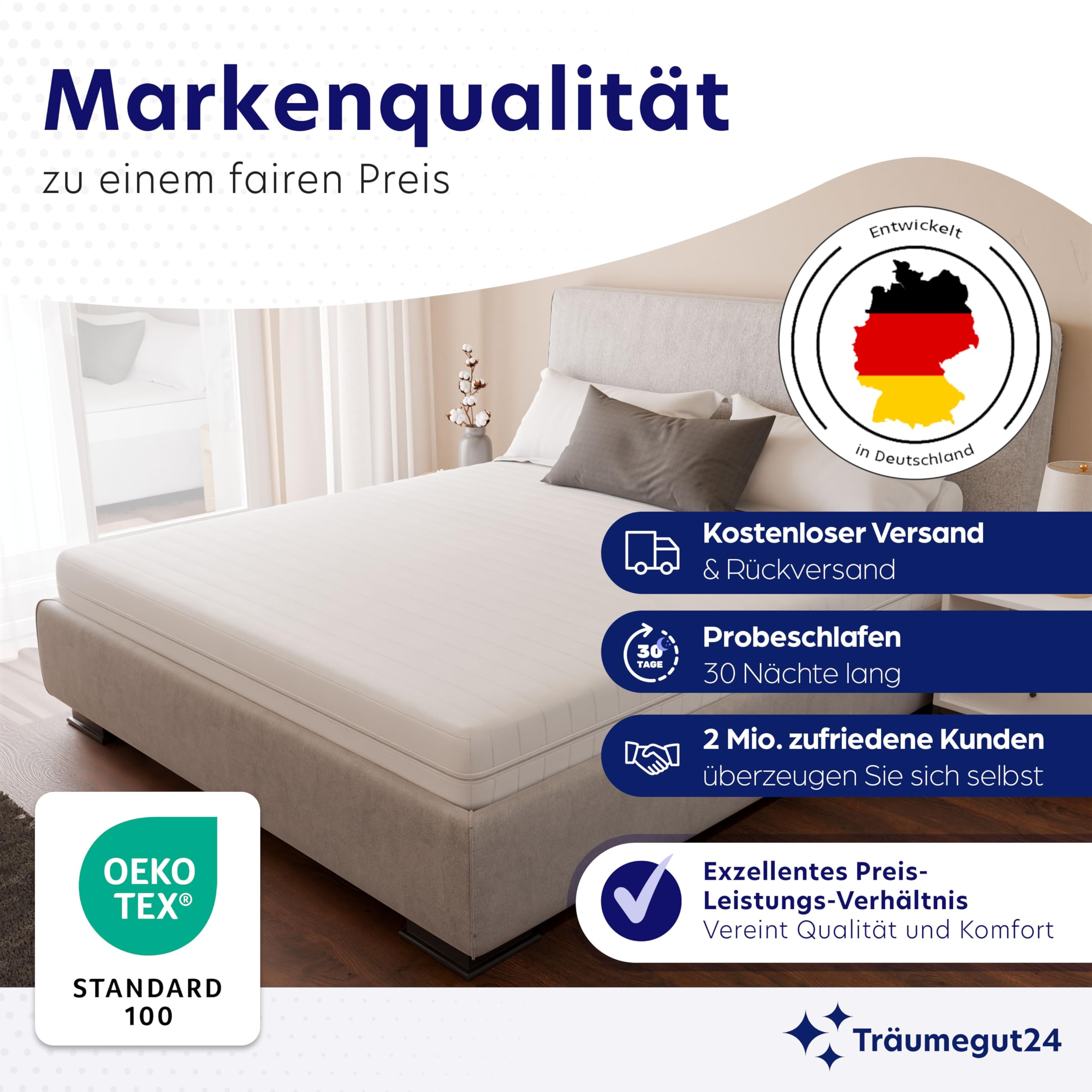 Träumegut24 - ergonomische 7-Zonen Matratze 90x200 cm | Größe + Höhe wählbar | Härtegrad H2&H3 | Kaltschaummatratze | Hautfreundlicher Bezug | Oeko-TEX® | (90 x 200 cm, 11 cm)