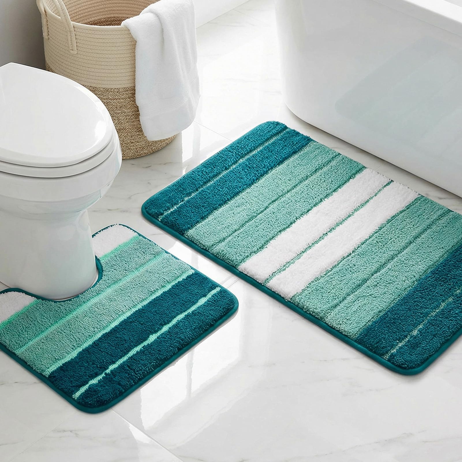 LUSCHEER 2 Piece Bath Mat Set, Extra Soft Absorbent Microfiber Non Slip Rug and Toilet Mat, Water Absorbent Machine Washable for Bathroom Floor (Green, 80 x 50 cm + U Shaped 50 x 40 cm)