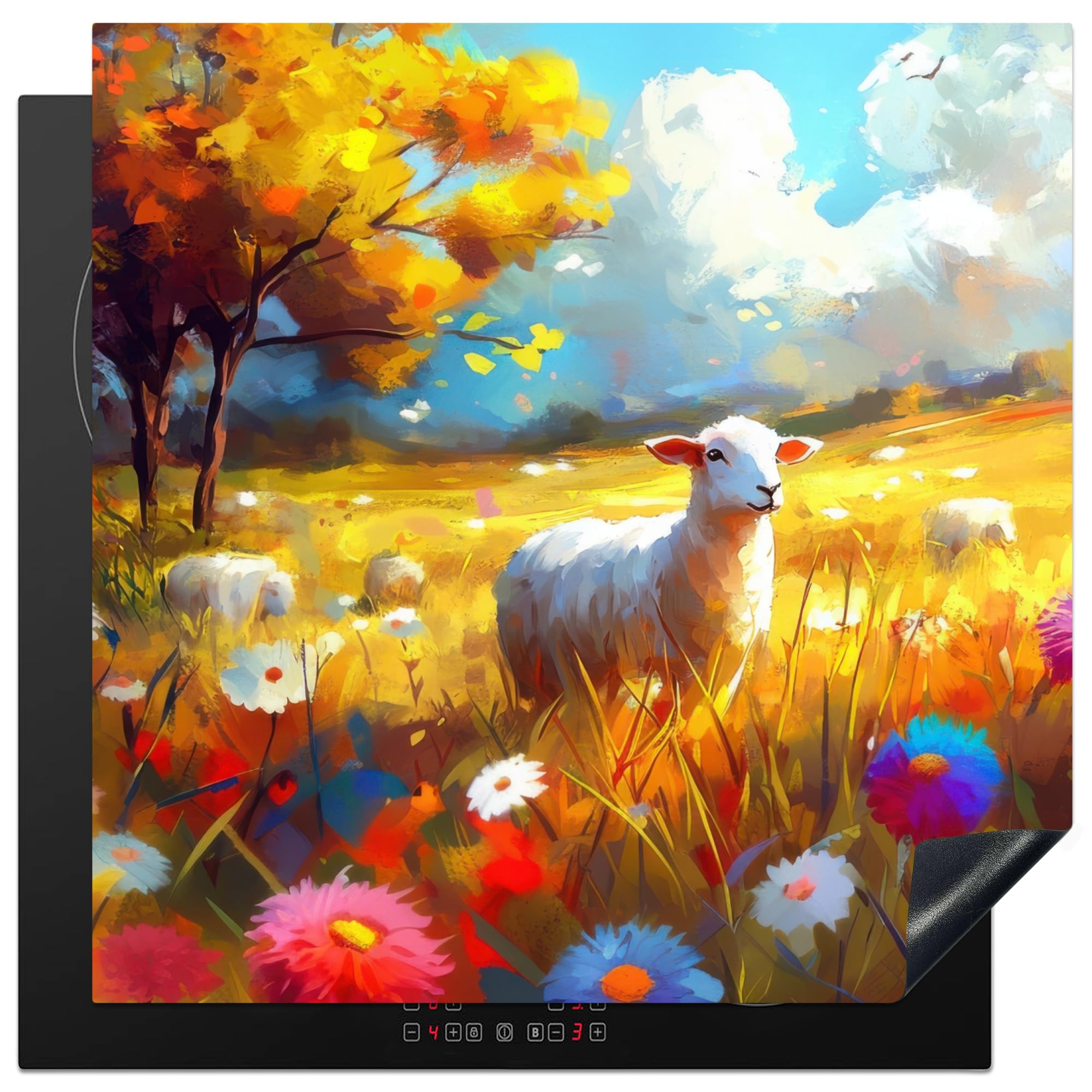 KitchenYeah© Induction Hob Protector Mat 30.7"x30.7" / 78x78 cm Cooker Top Protectors Cover Ceramic Covers Electric Hobs Vinyl Sheep - Meadow - Flowers