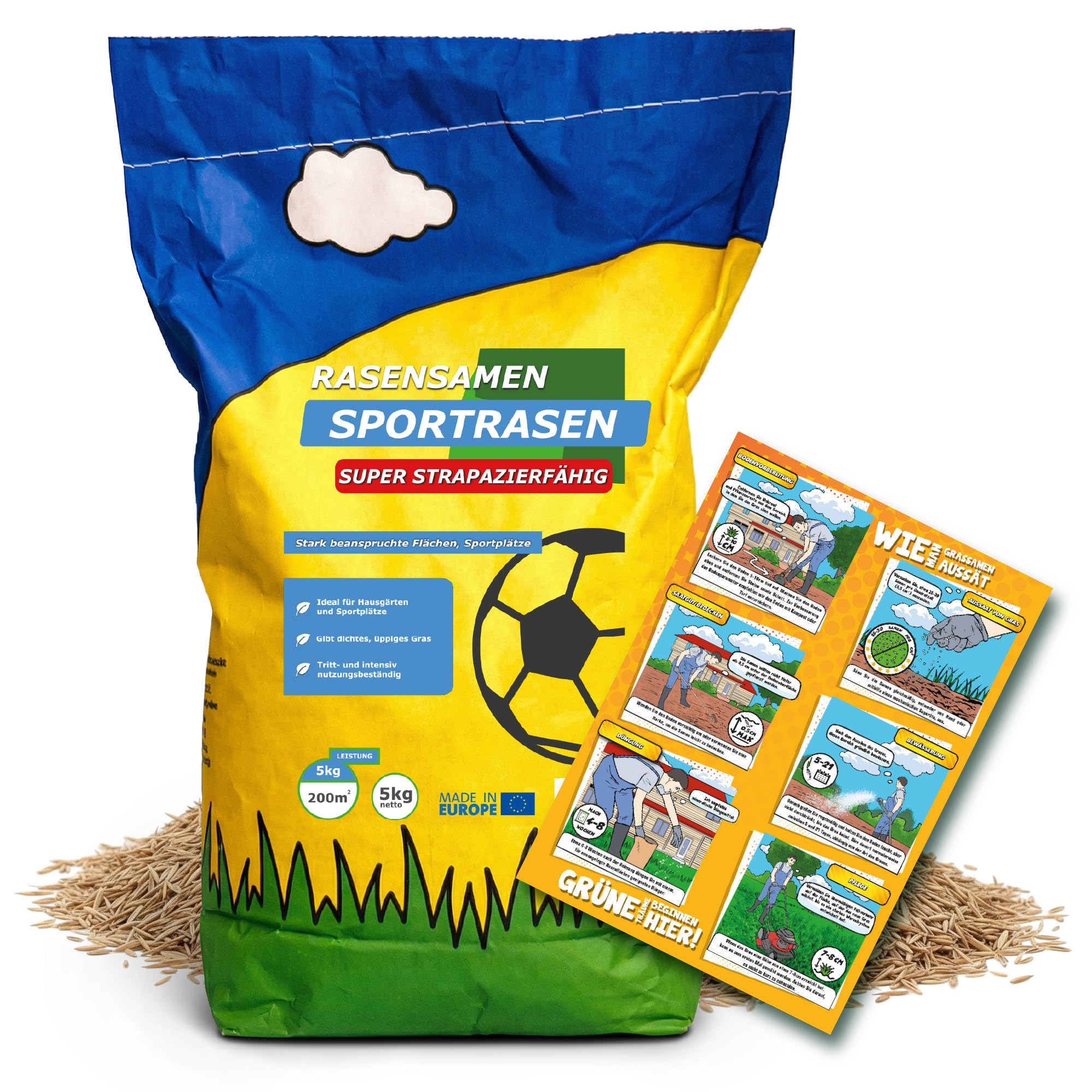 Rasensamen 5kg Sport und Spiel extra robust - schnellkeimend saatgut für 200m² - Rasensaat Sportrasen & Spielrasen - Grassamen für Neuansaat und Nachsaat - Rasen Frühjahr