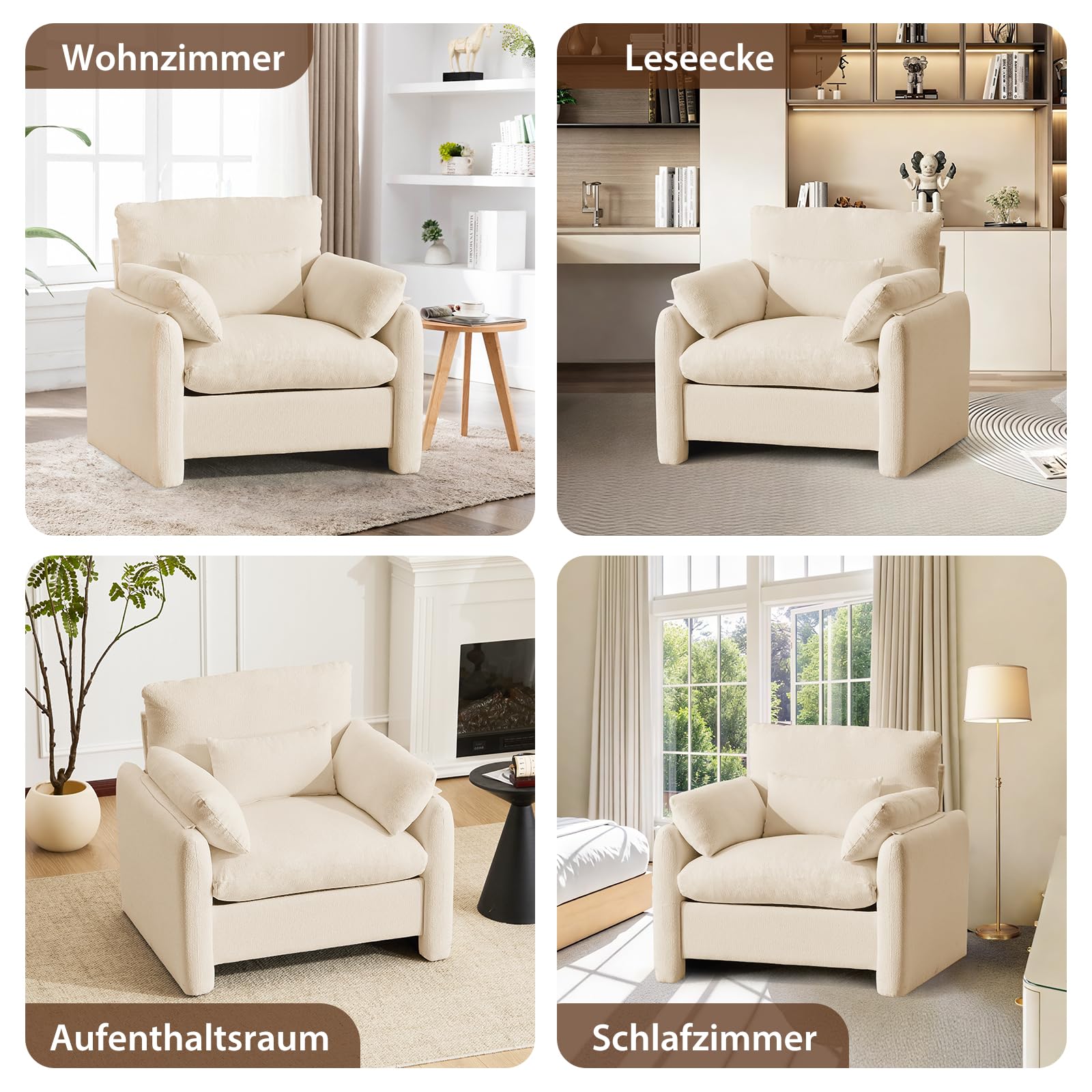 Extragroß Ohrensessel Sessel Wohnzimmer, 93.5cm Polstersessel Einzelsofa Fernsehsessel mit Abnehmbares Armlehne & Wurfkissen, Einzelsofa Lesesessel für Wohnzimmer Schlafzimmer, Beige
