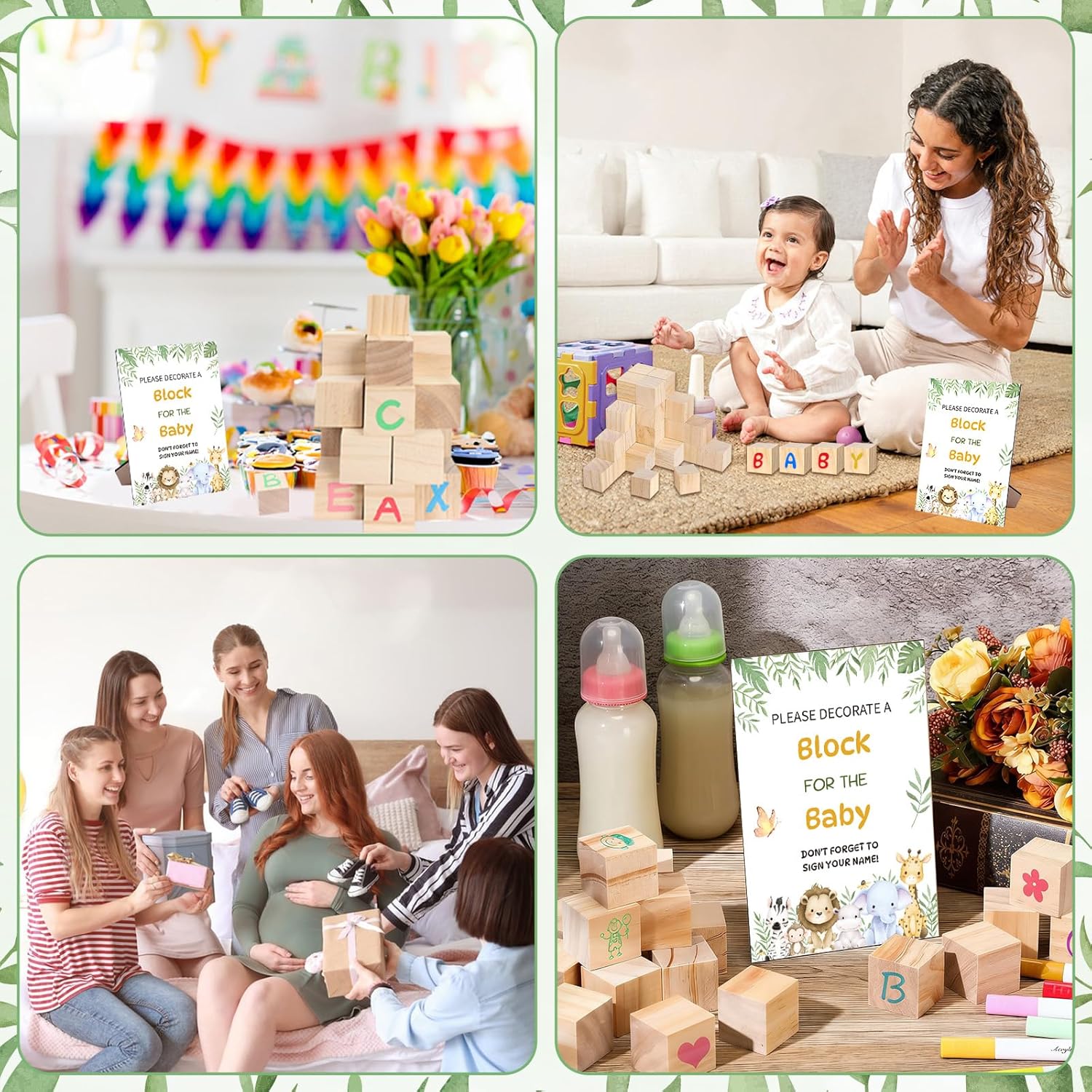 Fennoral 67 PCS Fun Baby Shower Games Sign Kit DIY Coloring Blocks for Baby Shower Wooden Draw to Your Blank Blocks Freehand Painting with Paint Markers,Suitable for Boy and Girls