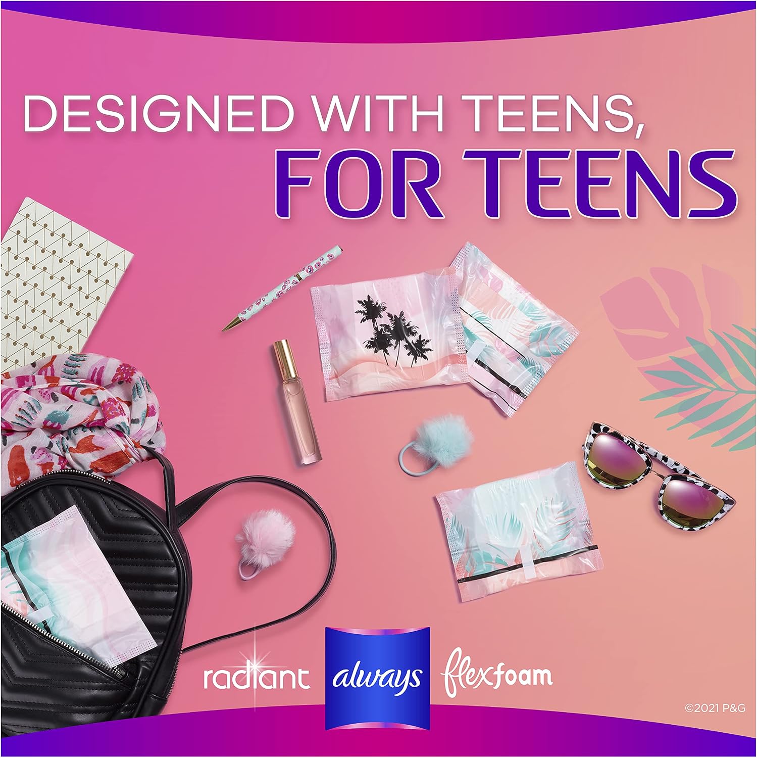 Always Radiant FlexFoam Teen Pads Regular Absorbency, 100% Leak Free Protection is possible, with Wings, Unscented, 28 Count