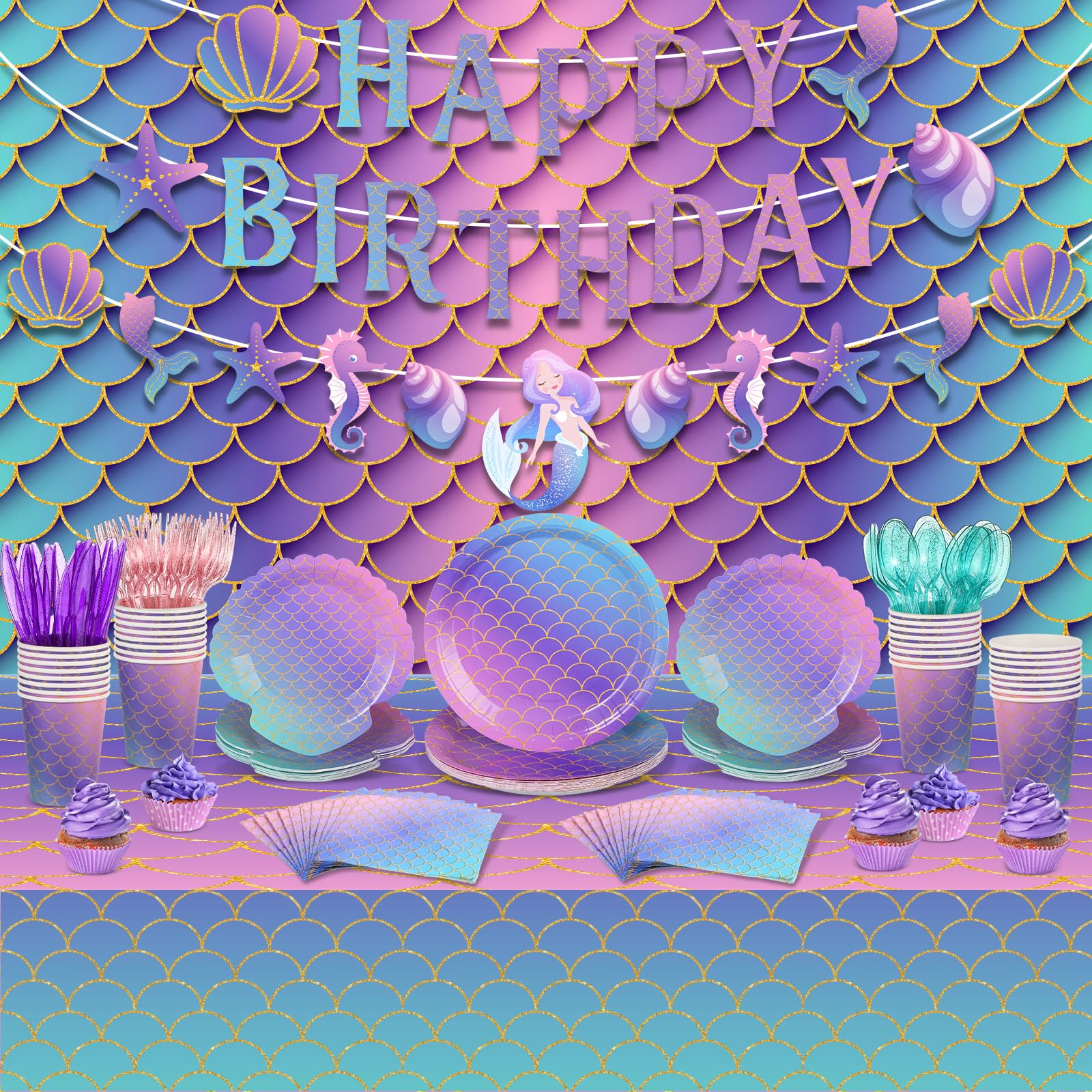 Roshtia 172 Pcs Mermaid Birthday Decorations Mermaid Party Supplies Include Purple Backdrop, Happy Birthday Banner, Tablecloth, Plates, Cups, Napkins,