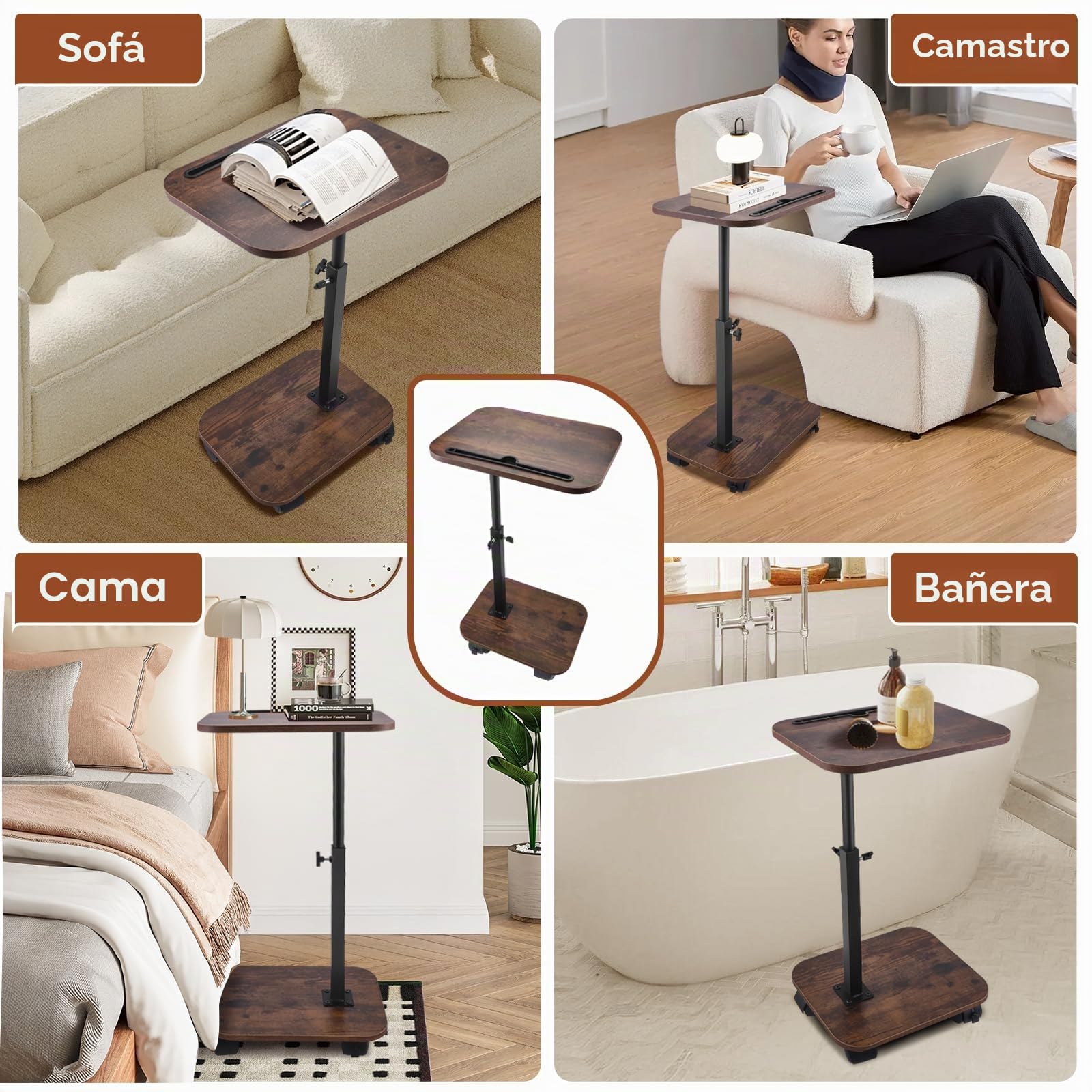 Mesa En C De Altura Ajustable con Plato Giratorio De 360° Y 4 Ruedas, Mesa Giratoria para Sofá, Cama Y Espacios Pequeños - Mesa Auxiliar Móvil con Frenos De Estacionamiento (Nogal)
