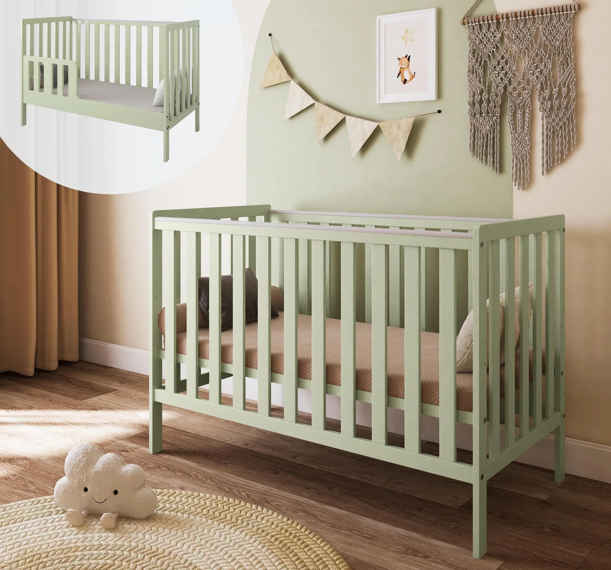 zee - Babybett Kommode, Kinderbett 2w1 Bett Bambi 120x60 - Dreistufige Einstellung für Nicht Sitzendes, Sitzendes und Stehendes Kind - mit Geländer - Set mit Kommode LOFT - Mint