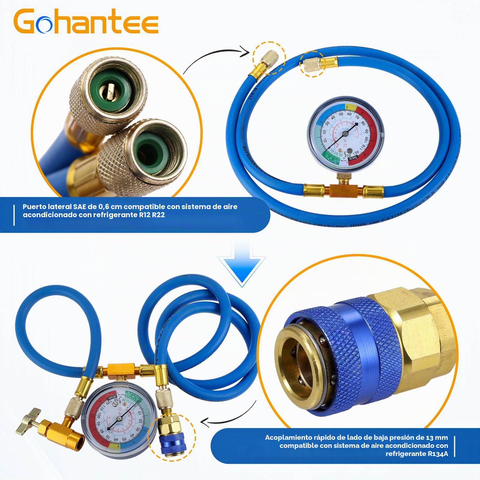 gohantee R134a Medición Kit de Manguera Recarga Aire Acondicionado con Manómetro y Grifo de Lata Autosellante, a Puerto de R-12/R-22, Acoplamiento Rápido de Lado Bajo R134a
