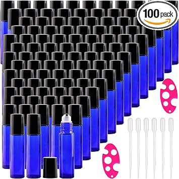 inice 100 Pack,10ml Roller Bottles for Essential Oils Cobalt Blue Thick Glass Stainless Steel Roll On Ball Bottles