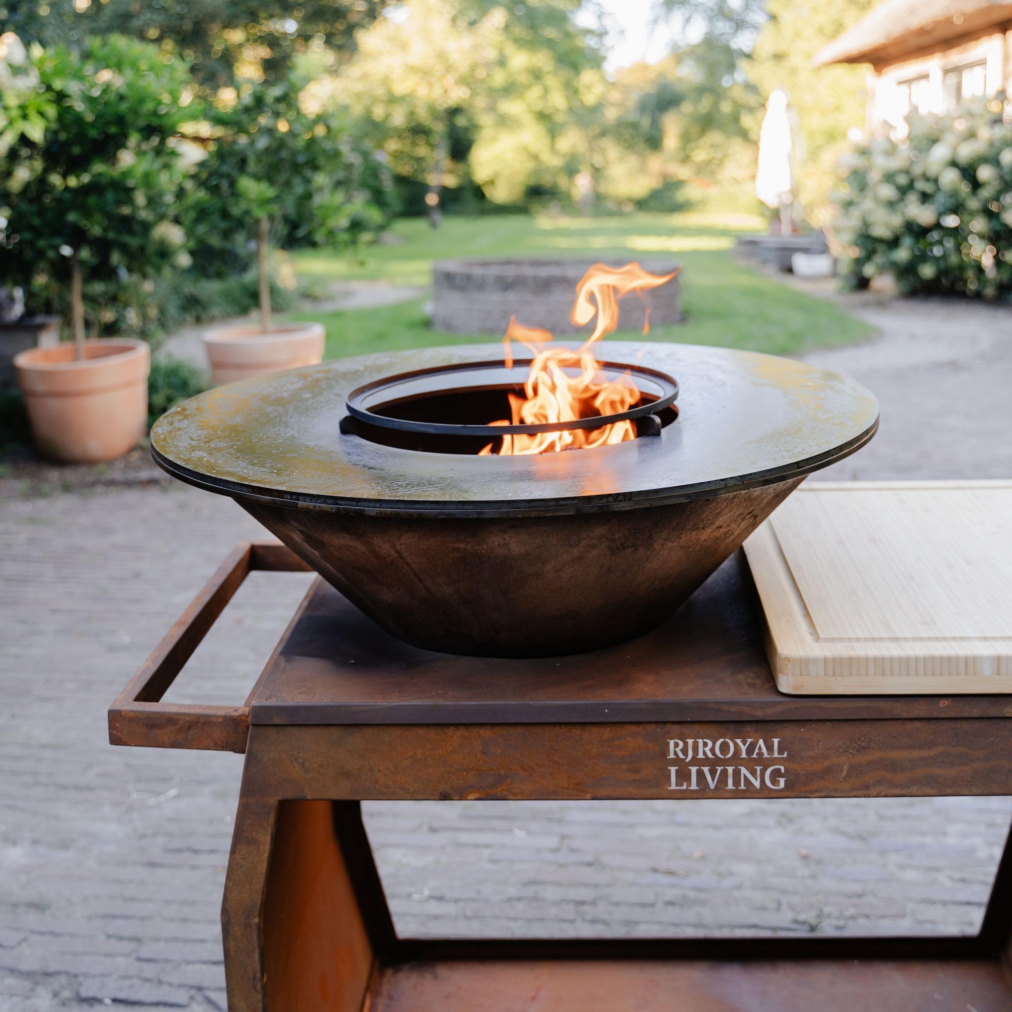 Barbecue Plancha Grill Big Jack 3.0 in acciaio Corten, anello di fuoco, braciere con piastra di fuoco, cestino per il fuoco, braciere