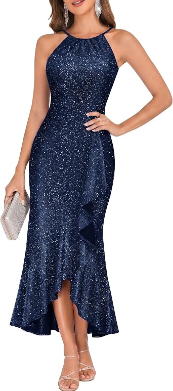 BeryLove Sequin Formal Cocktail Wedding Long Dresses Evening Ruffle Halter Prom Dress